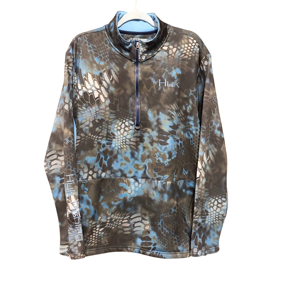 Huk Fishing Mens Large Kryptek Neptune Camo 1/4 Zip Performance Pullover Blue